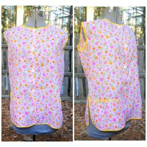 VTG 70's Pink Floral Print Smock Apron NWOT Button Front w/ Front Pocket